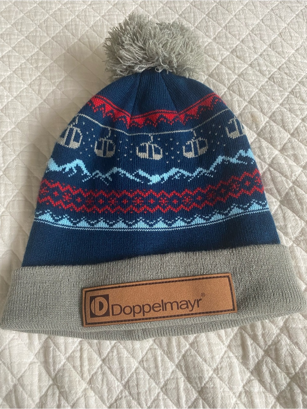 Doppelmayr Ski Lift Knit Pom Beanie Hat by Locale Colorado Navy Gray Unisex